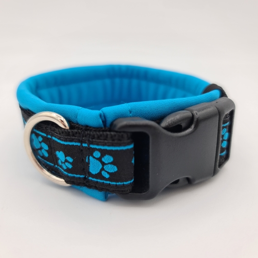 Halsband schwarz-blau mit Pfötchen, verstellbar & gepolstert